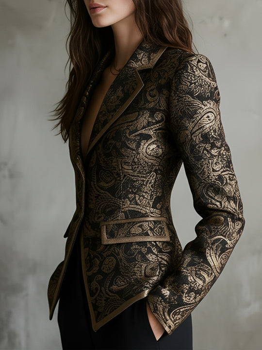 Quiet Luxury Paisley Jacquard Wrapped Lapels Fitted Blazer