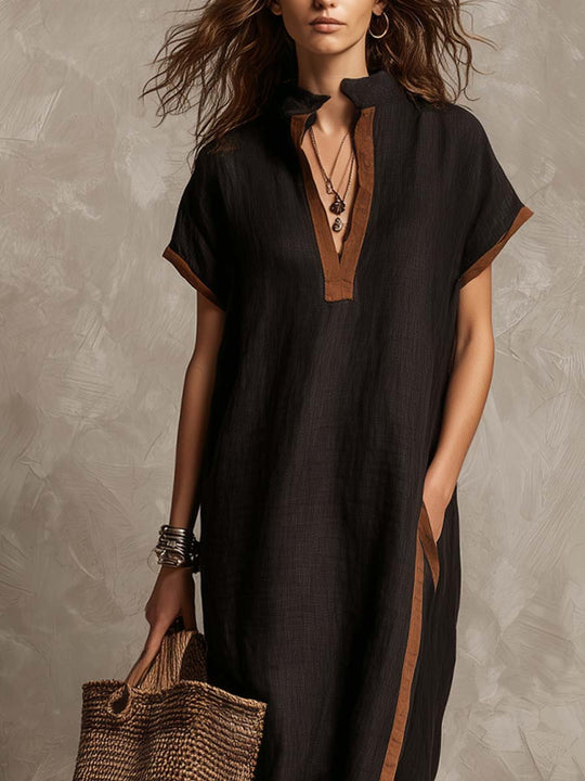 Retro Cotton And Linen Contrast Trim Midi Dress