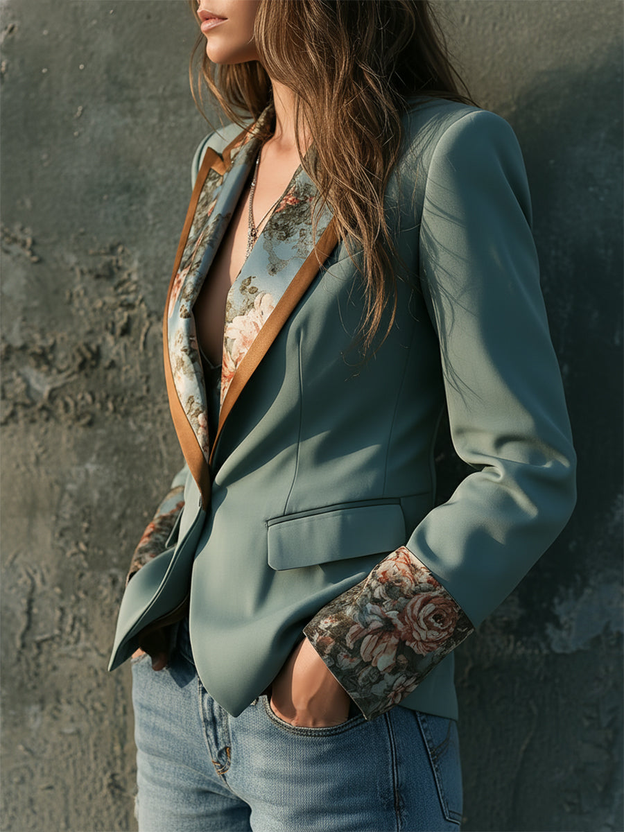 Bohemian Retro Oil Painting Print One Button Blazer