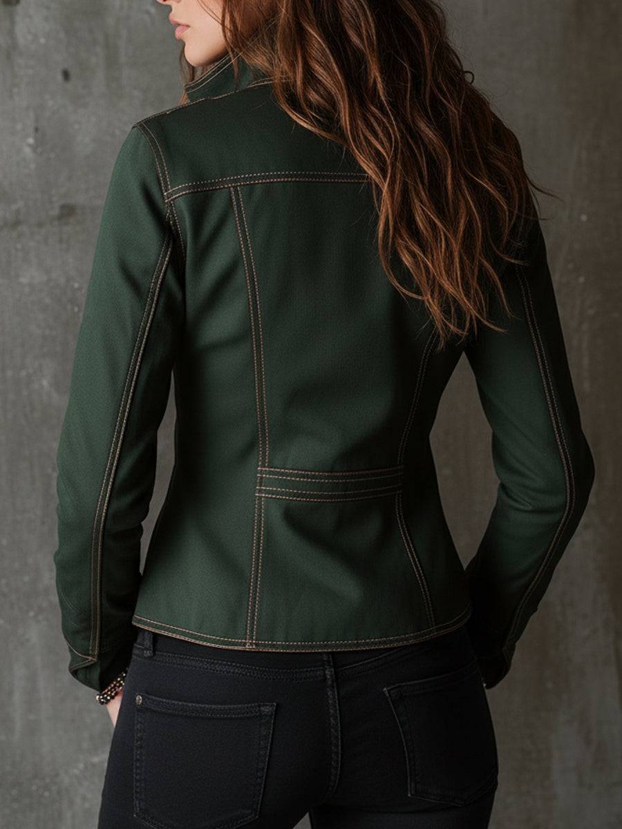 Retro Stand Collar Denim Jacket With Front Zipper And Flap Pockets