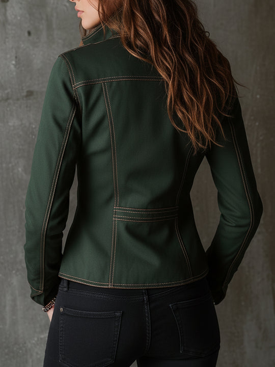 Retro Stand Collar Denim Jacket With Front Zipper And Flap Pockets