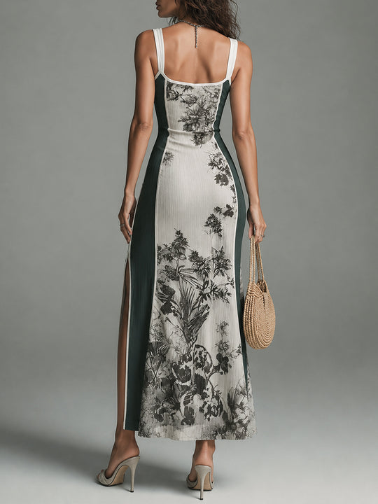 Retro-Elegant Ribbed Print Sleeveless Midi Dress With Slit