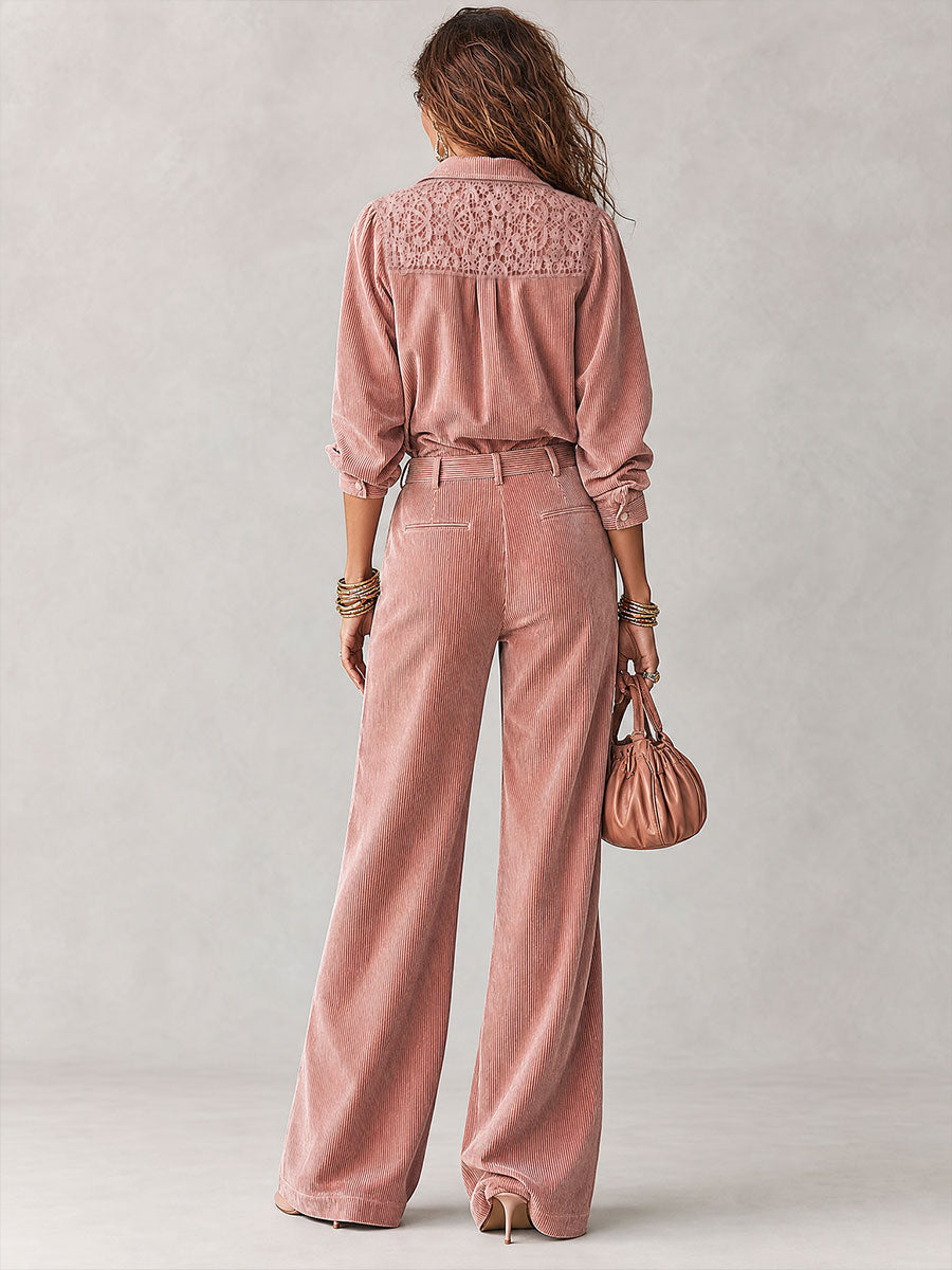 Boho Corduroy Lace-Trim Shirt & Wide-Leg Pants Set