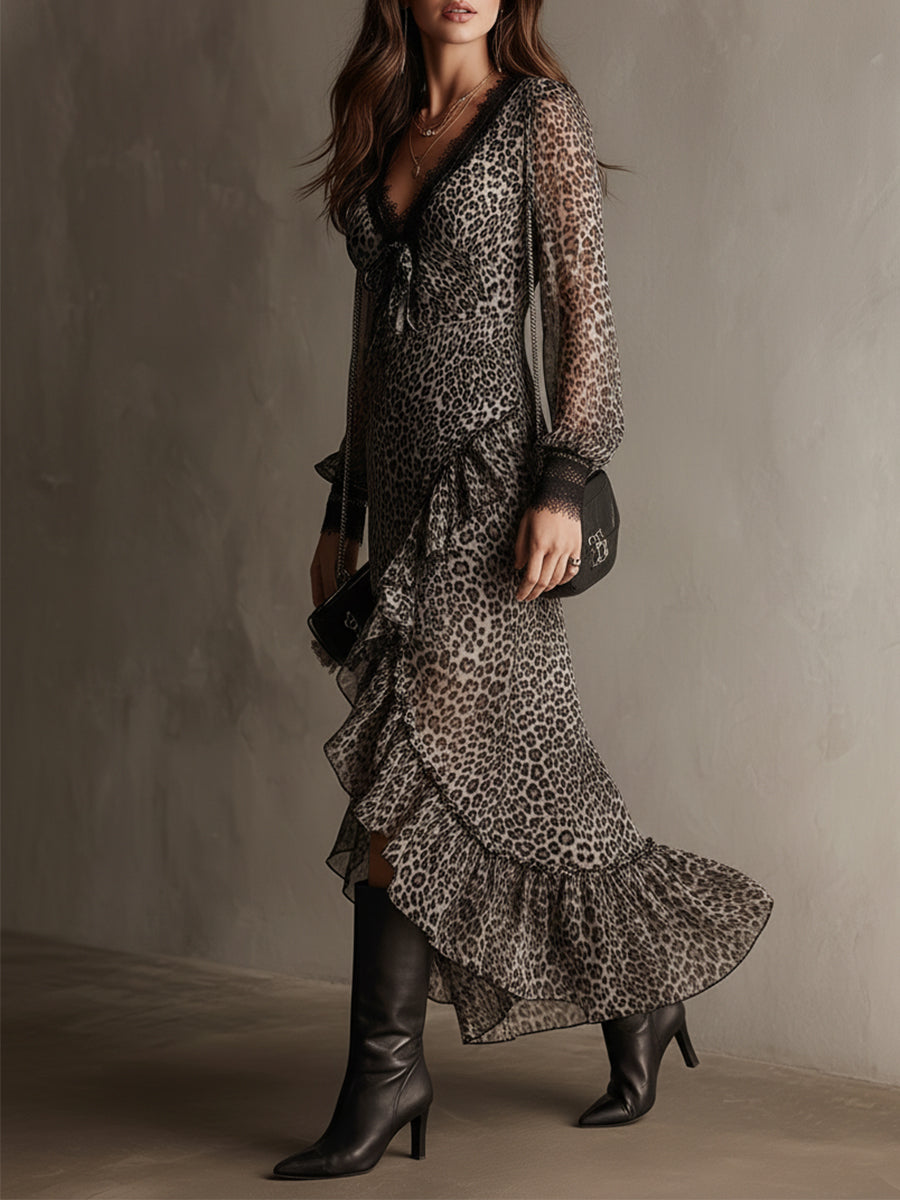 Retro Elegant Leopard Print Lace Splicing Asymmetric Hem Midi Dress