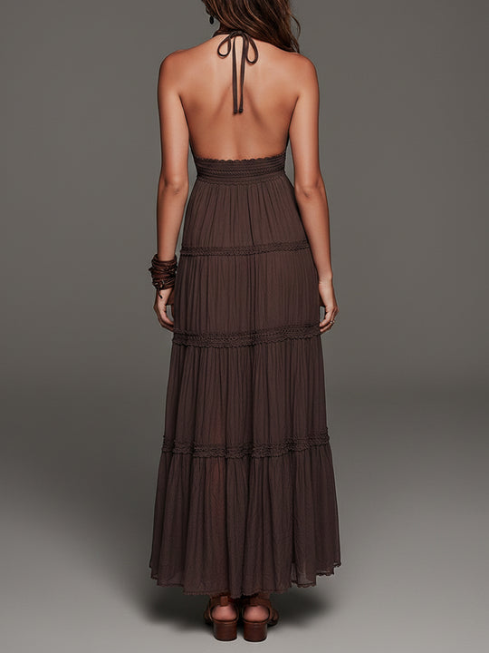 Vacation-Style Chiffon Crinkle Lace Trim Maxi Dress