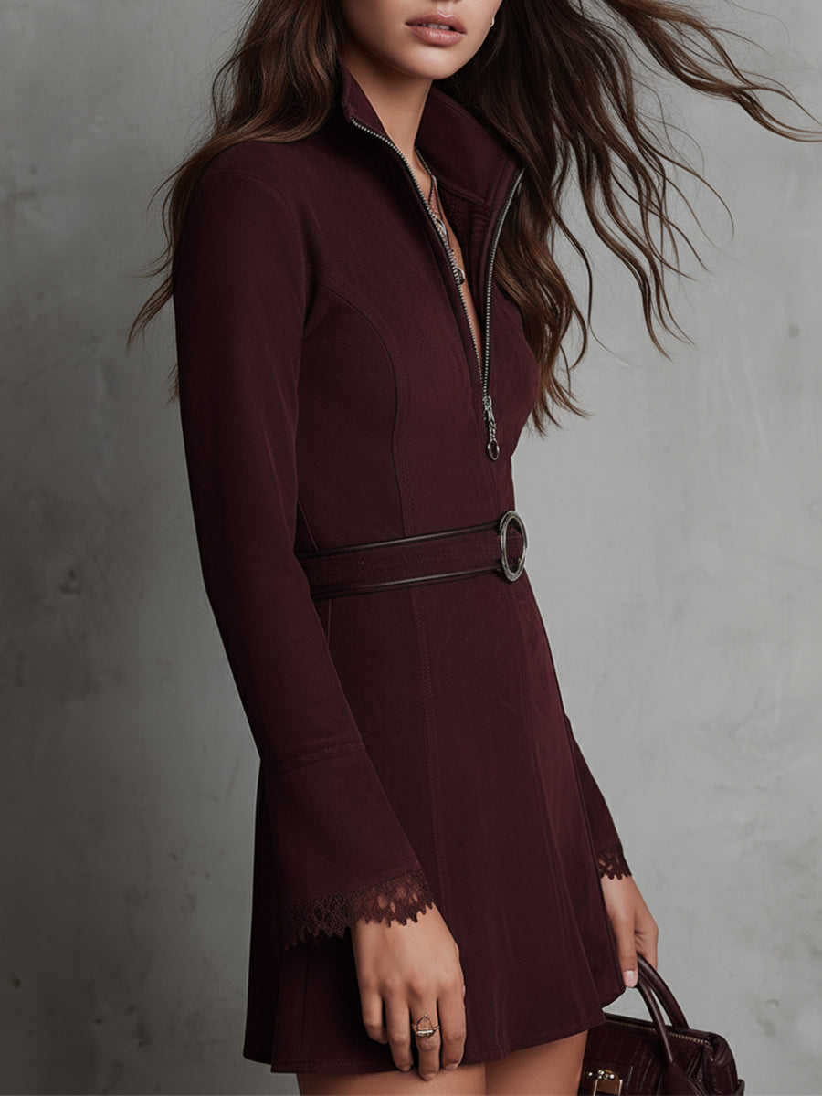 Retro Front Zipper Lace Splicing Suede Mini Dress With Belt
