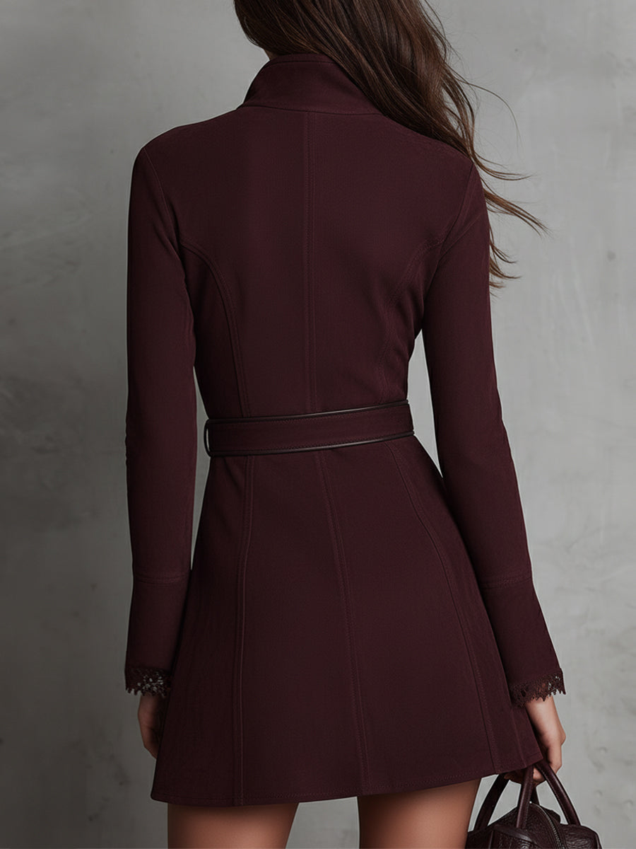 Retro Front Zipper Lace Splicing Suede Mini Dress With Belt