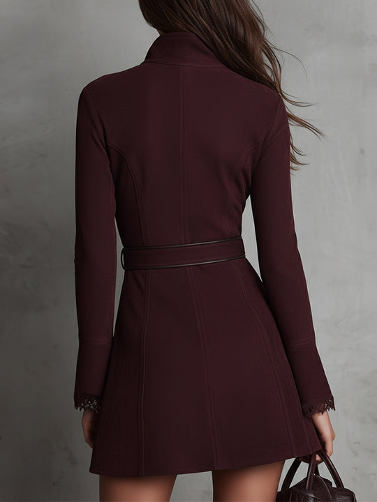 Retro Front Zipper Lace Splicing Suede Mini Dress With Belt