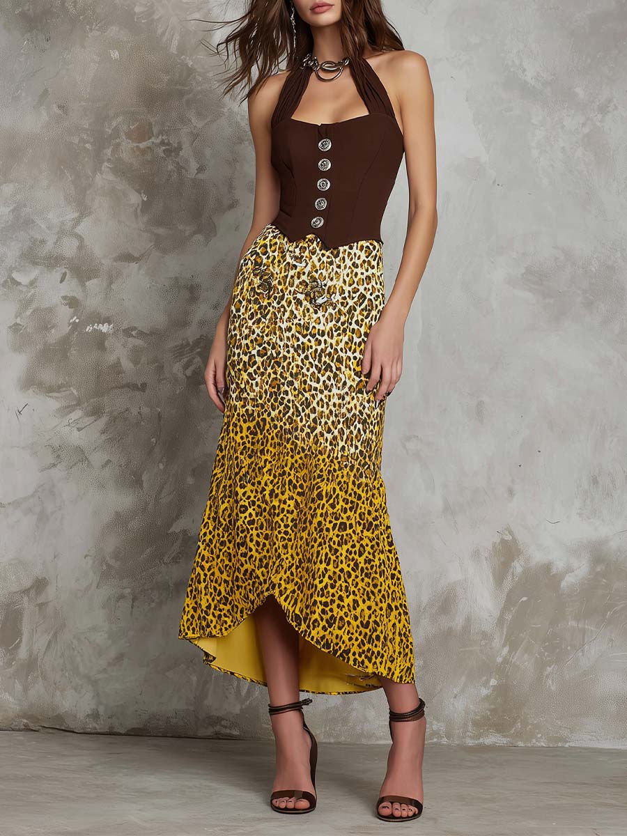 Halter-neck Bodycon Patchwork Leopard Print Midi Dress