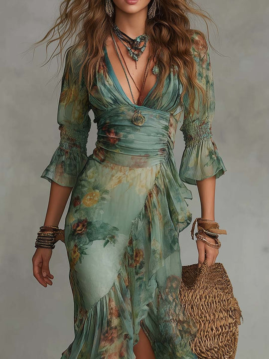 Retro Romantic Floral Wrap Long Dress