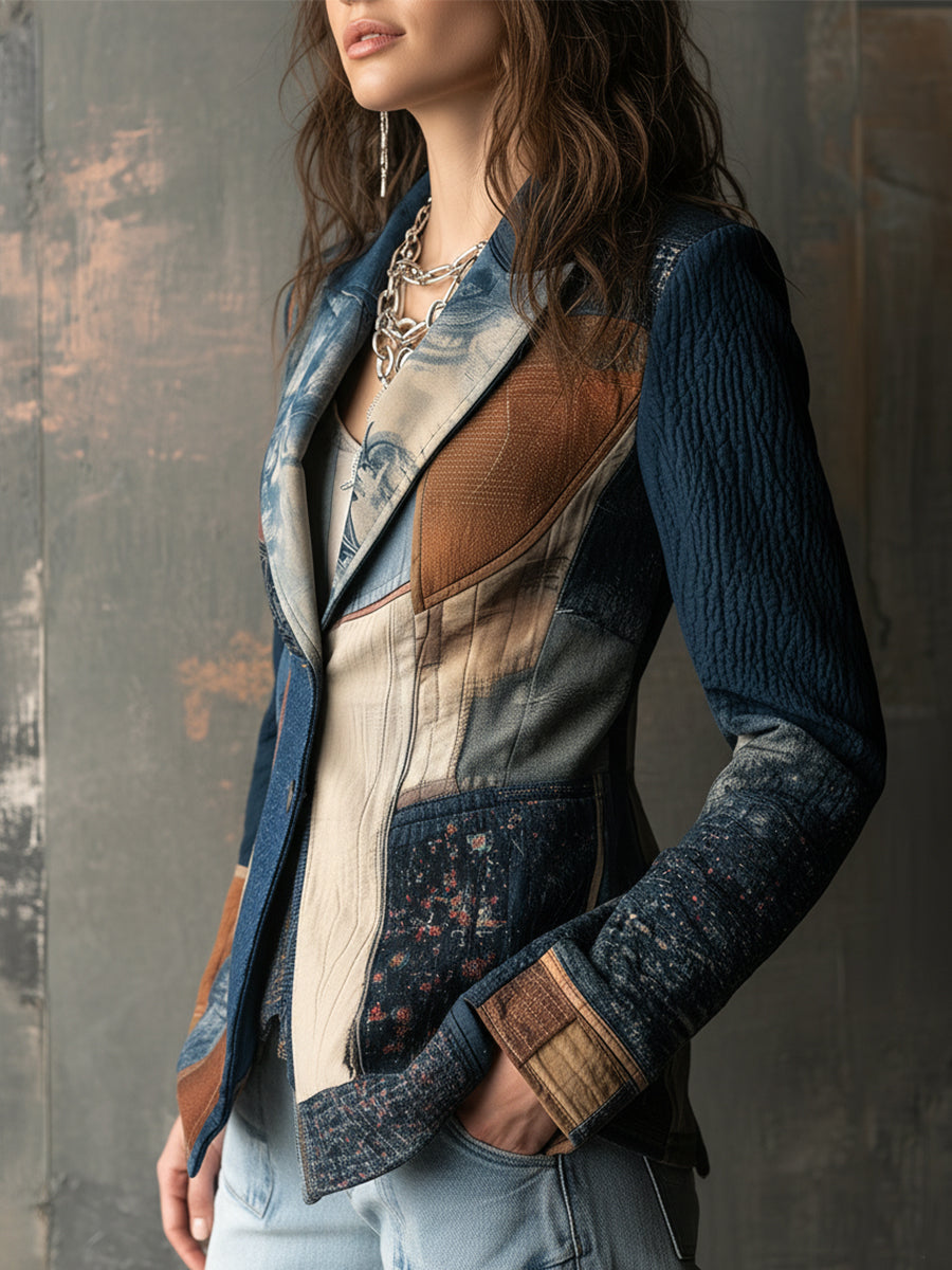 Nomadic Bohemian Style Retro Graphic Patchwork Lapel Blazer