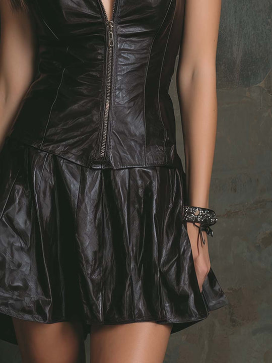 Vintage Zip-up Collar Flare Hem Faux Leather Mini Dress