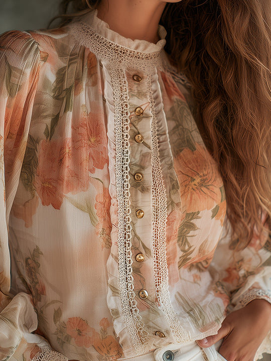 Romantic Bohemian Chiffon Printed Lace Blouse