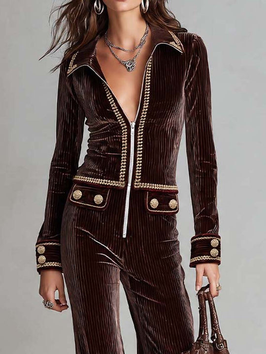 Retro Corduroy Jumpsuit With Gold-trimmed Zip-up Jacket And Flared Trousers