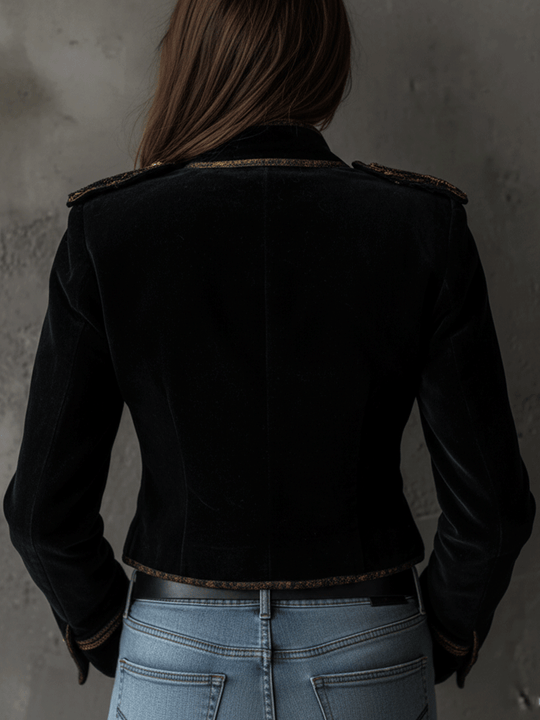 Retro Black Velvet Military Gold Button Detailing Blazer