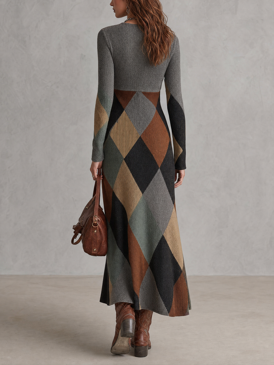 Retro Color-block Argyle Knit Midi Dress