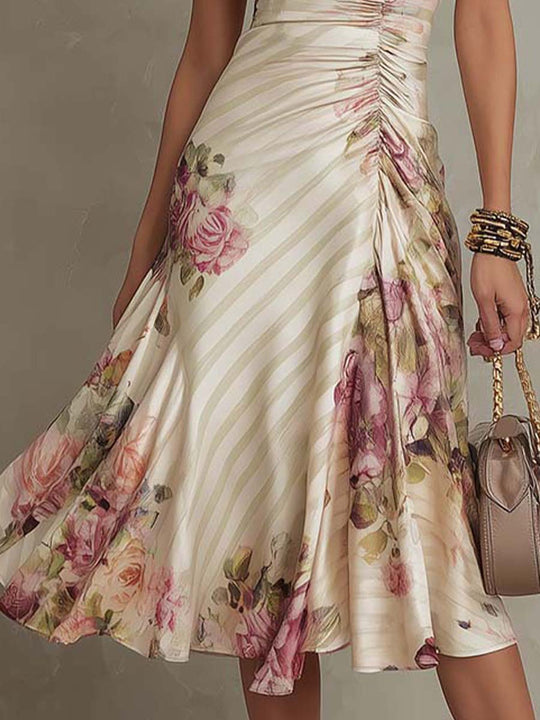 Elegant Vintage Floral Chiffon Midi Dress