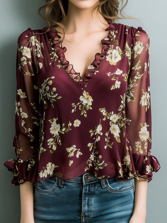 Ruffled Trim Floral Printed Chiffon Blouse