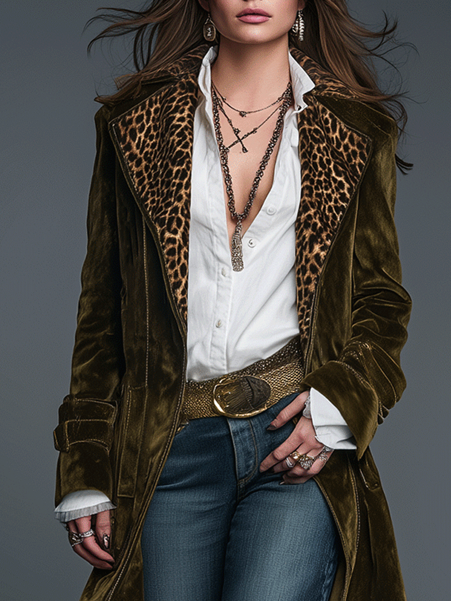 Boho Luxe Olive Velvet Leopard Lapel Long Coat