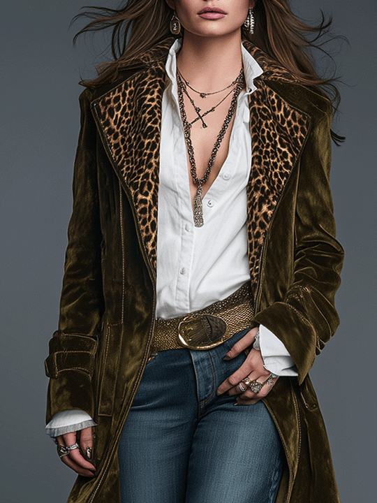 Boho Luxe Olive Velvet Leopard Lapel Long Coat