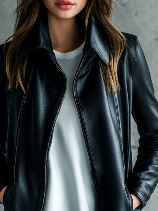 (clearance)Women Simple Lapel Solid Color Faux Leather Jacket