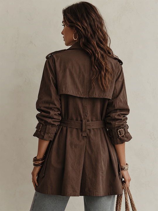 Utility Chic Cotton-Twill Double-Breasted Belted Chocolate Brown Trench Coat