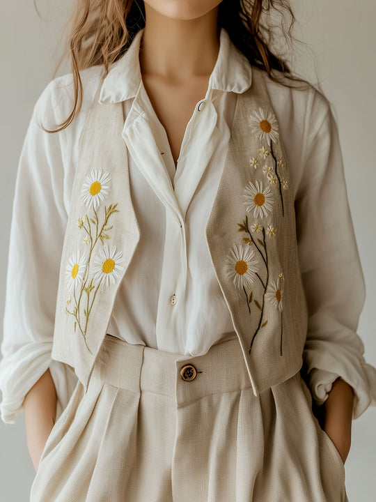 V-neck Daisy Embroidery Cotton and Linen Vest