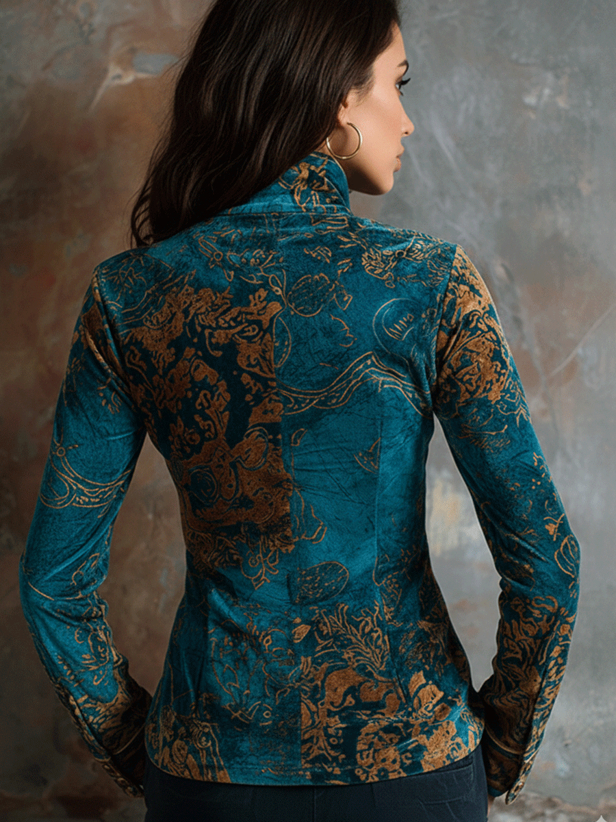 Boho Chic Vintage Peacock Blue Velvet Golden Print Fit Blouse
