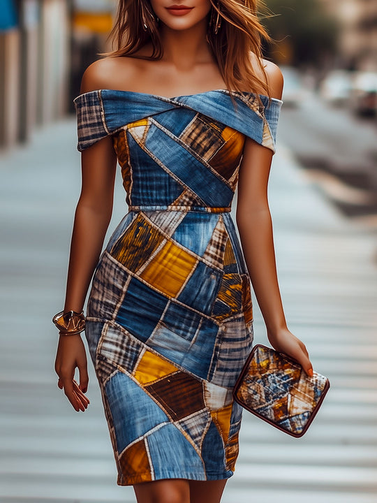 Elegant Off-shoulder Denim Patchwork Print Pencil Dress