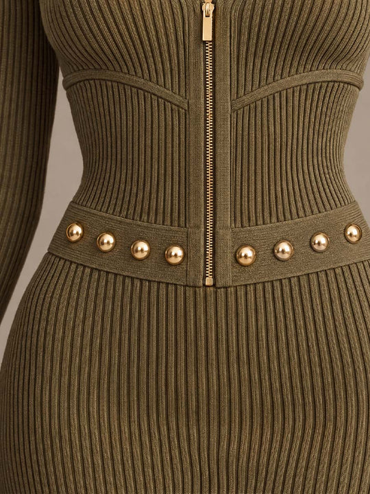 Elegant Ribbed Knit Zip-Up Fishtail Midi Dress with Stud Belt Detail