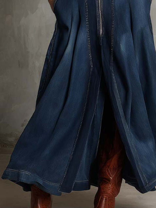 Vintage Boho Zip-Front Denim Maxi Dress