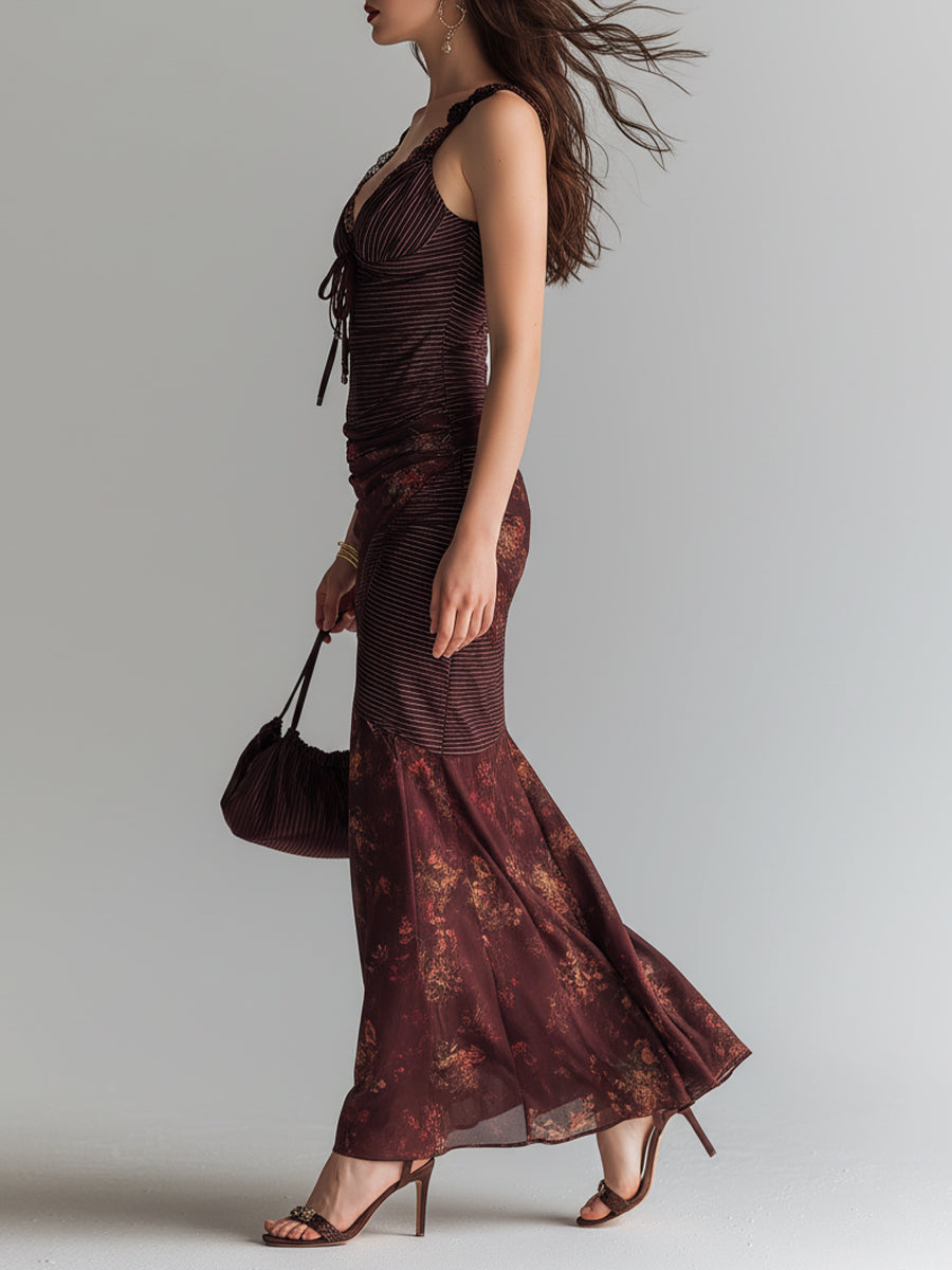 Retro Striped Flower Splicing Suspender Maxi Dress