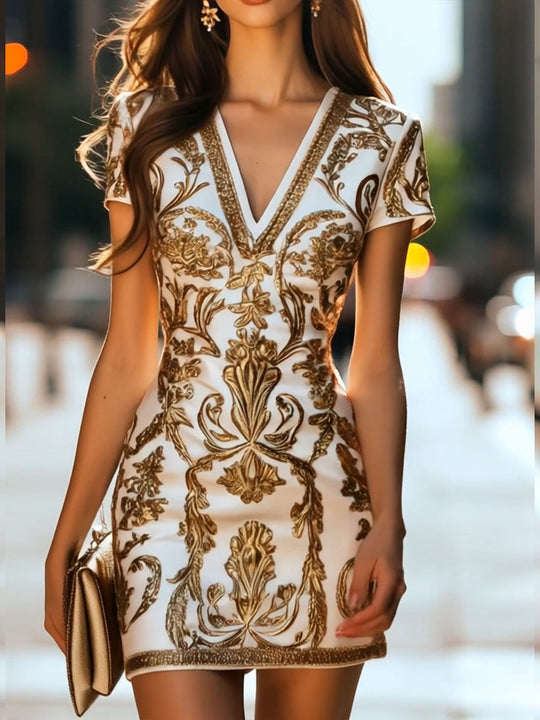 V-neck Short Sleeve Baroque Print Satin Pencil Dress