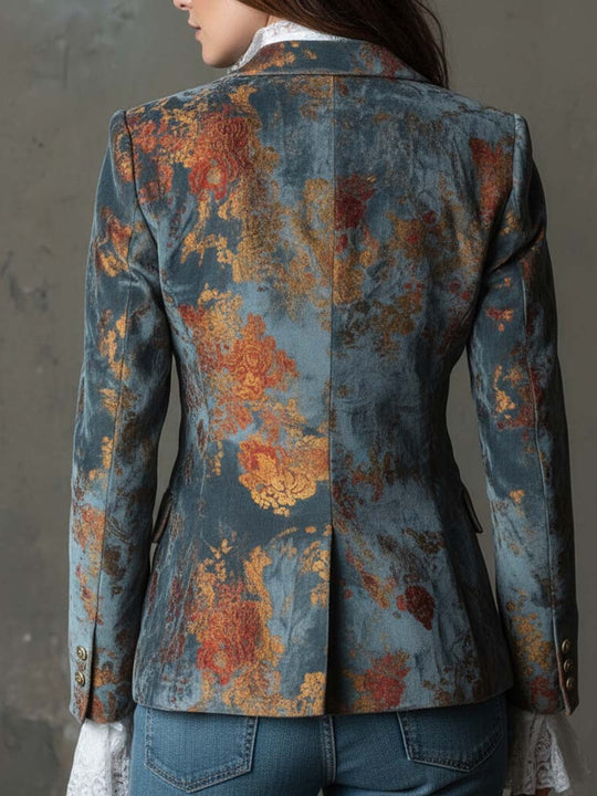 Retro Oil Painting Style Polyester Velvet Printed Double-breasted Blazer