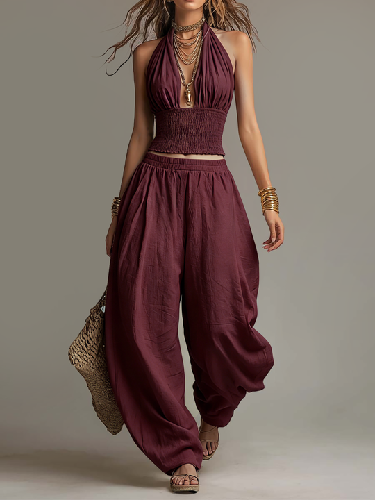 Bohemian Cotton-Linen Halter Smocked Crop Top & Harem Pants Two-Piece Set
