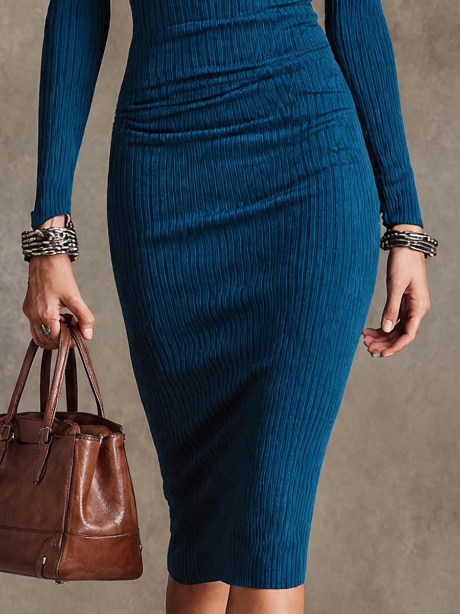 Elegant Ribbed Knit Cutout Shoulder Turtleneck Bodycon Midi Dress
