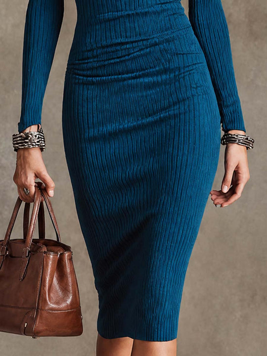 Elegant Ribbed Knit Cutout Shoulder Turtleneck Bodycon Midi Dress