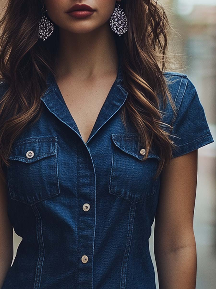 Vintage Button-Up Leisure Denim Shirt Dress