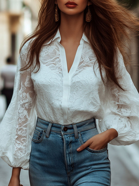 Lapel Lace Patchwork Lantern Sleeves Shirt