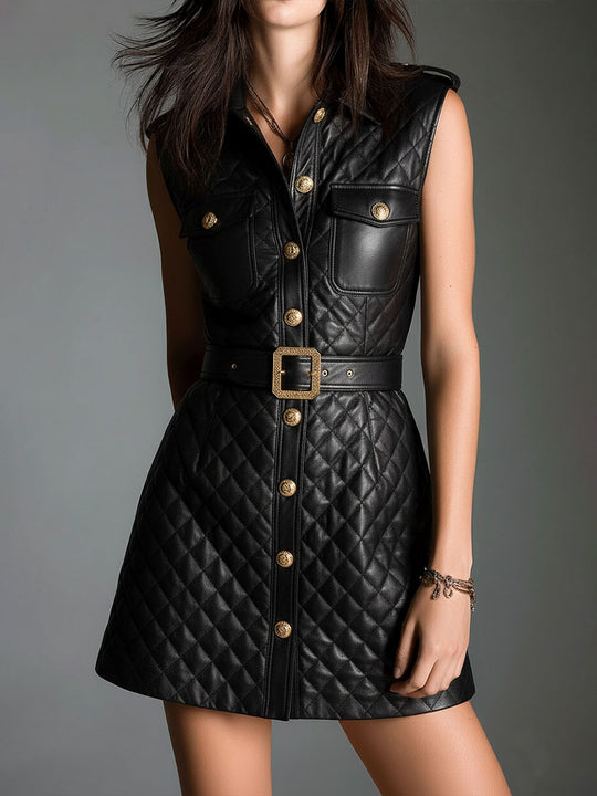 Chic Diamond-quilted Padded Eco Leather Sleeveless Mini Dress