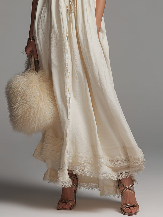 Bohemian Cotton Maxi Dress With Keyhole Neckline And Lace Trim