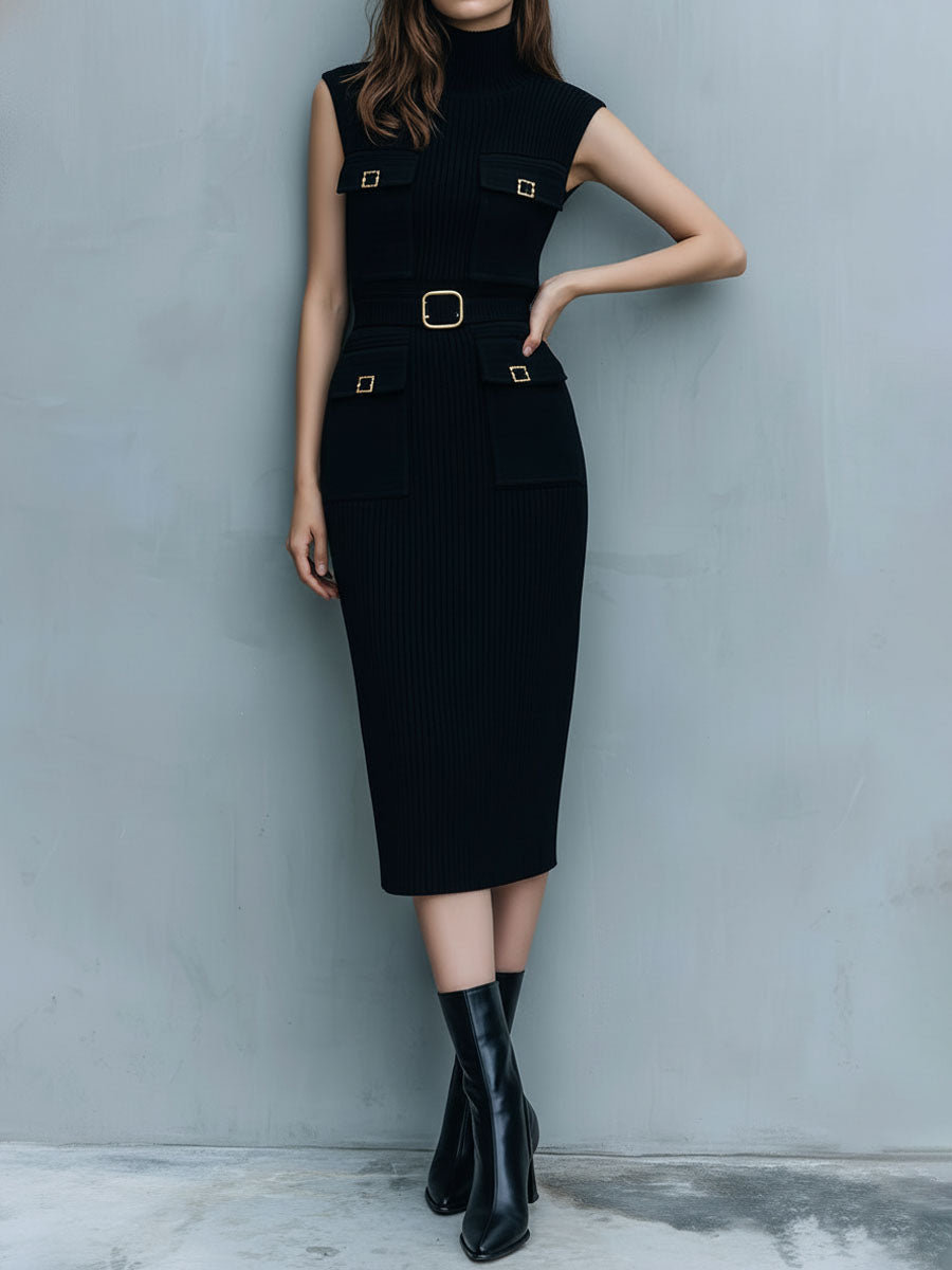 High-Neck Black Ribbed Knit Midi Dress With Gold Buckle