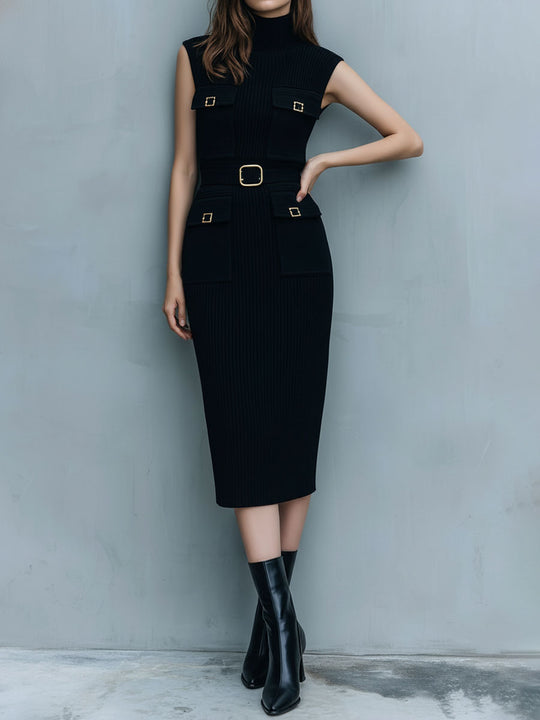 High-Neck Black Ribbed Knit Midi Dress With Gold Buckle