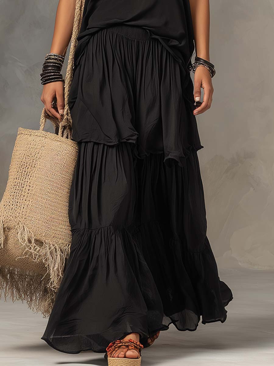 Retro Tank Top And Layered Skirt Two-piece Set