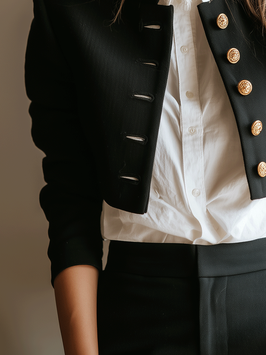 Modern Black Cropped Military Button Short Jacket