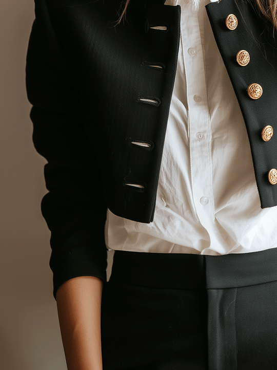 Modern Black Cropped Military Button Short Jacket