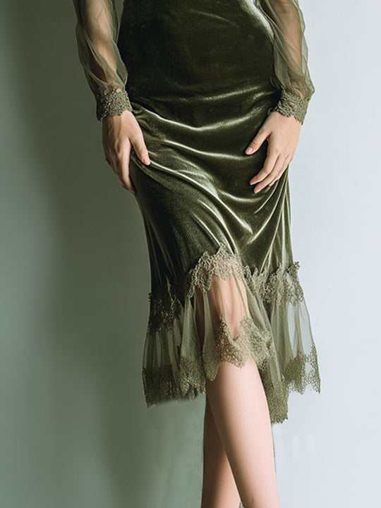 Elegant Sheer Long Sleeves Olive Velvet Midi Dress With Lace-Trim