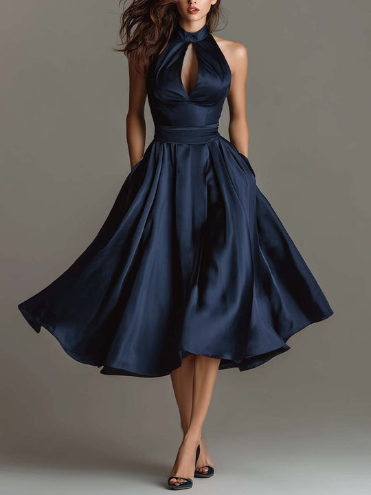 Midnight Satin Halter A-Line Midi Dress