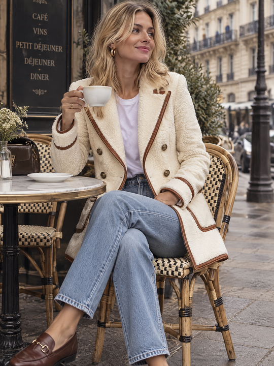 Boho Cream Sherpa Double-Breasted Coat with Brown Contrast Piping