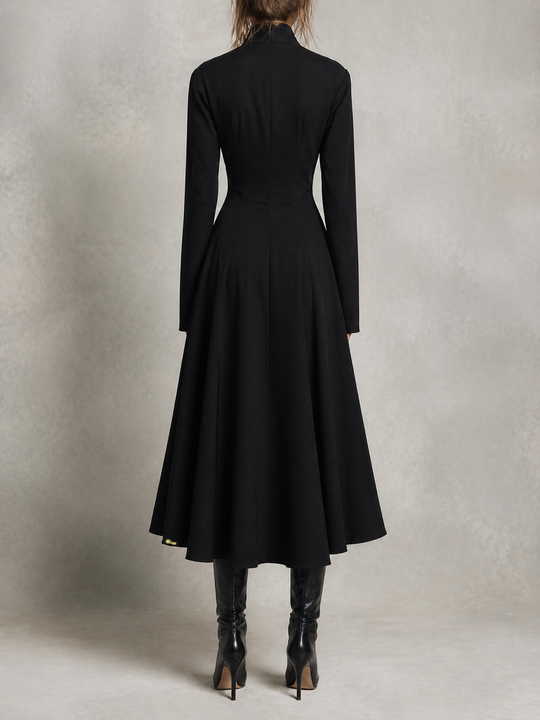 Black Mandarin Collar Embroidered Midi Dress